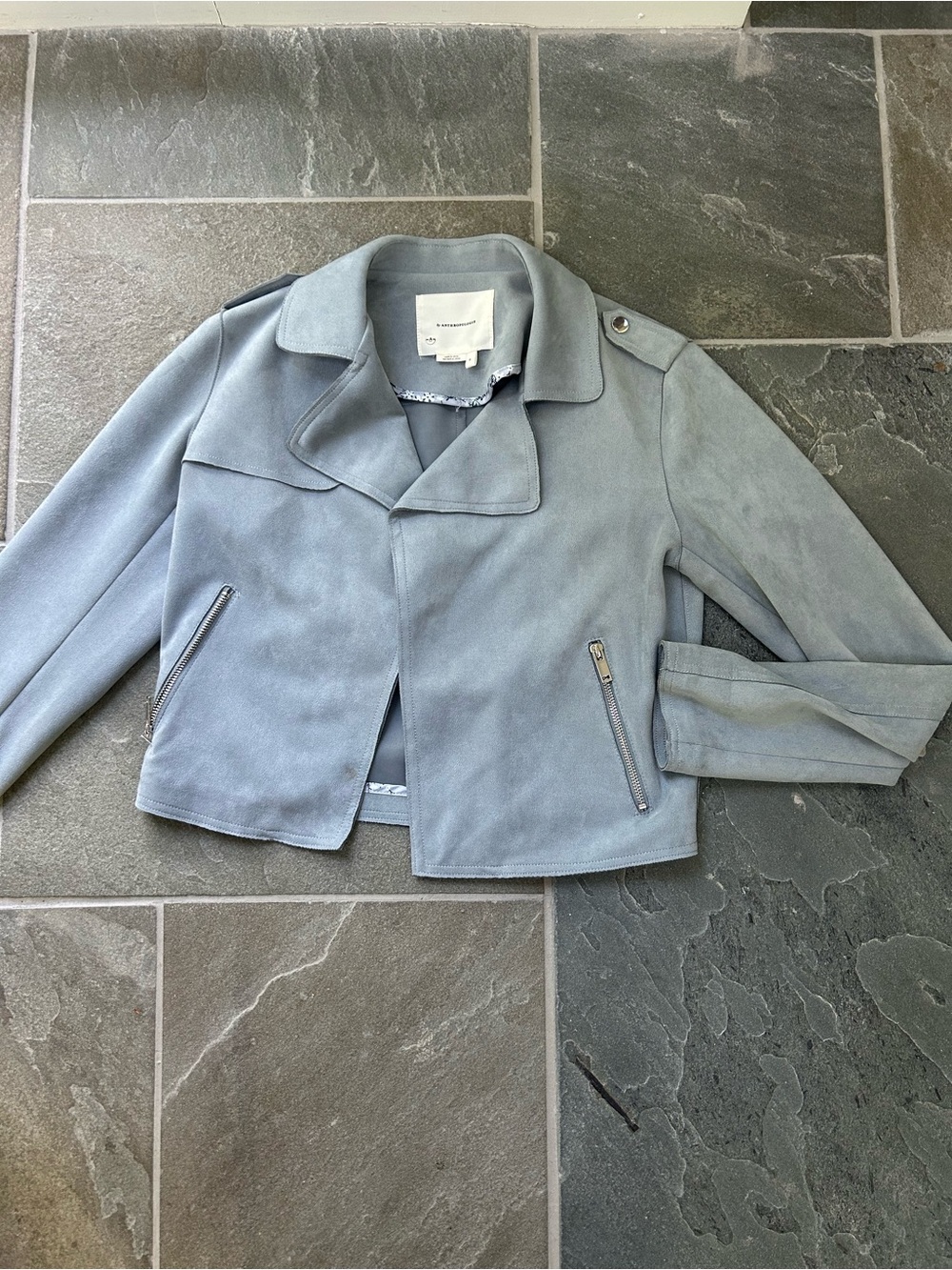 Anthropologie Cropped Light Blue faux Suede Moto Jacket